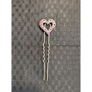 Purple Rhinestone Heart Hair Pin Stick Updo Jewelry Chignon Silver Tone Metal
